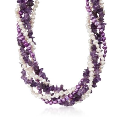 Purple and White Pearl and Amethyst Torsade Necklace in Sterling Silver. 18" &mdash; Alt Image 1
