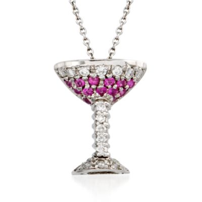 Roberto Coin "Tiny Treasures" Pink Sapphire and Diamond Martini Glass  Necklace in 18kt White Gold. 18" &mdash; Alt Image 1