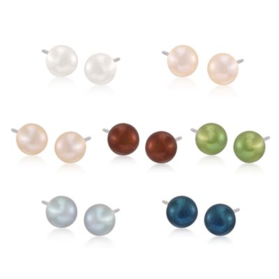 Seven Pairs of 7-7.5mm Multicolored Cultured Pearl Earrings in Sterling Silver &mdash; Alt Image 1
