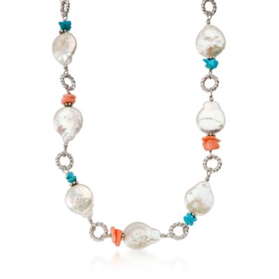 Cultured Pearl Necklace With Pink Coral and Turquoise in Sterling Silver &mdash; Alt Image 1