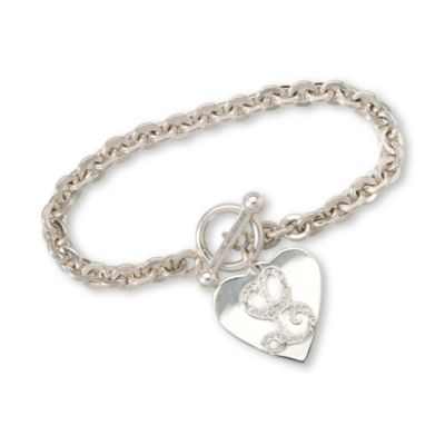 Sterling Silver Bracelet With Heart Charm and Diamond Accent Initial. 7.5" &mdash; Alt Image 1