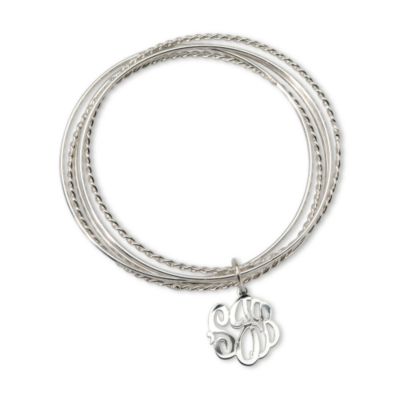 Sterling Silver Plain and Rope Set of 5 Bangle Bracelets With Monogram Dangle. 7.5" &mdash; Alt Image 1