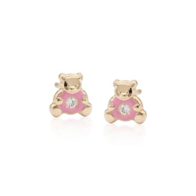 Child's Teddy Bear Screwback Earrings With Pink Enamel In 14kt Yellow Gold  &mdash; Alt Image 1