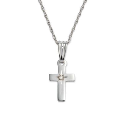 Child's 14kt White Gold Cross Necklace With Diamond. 13" &mdash; Alt Image 1
