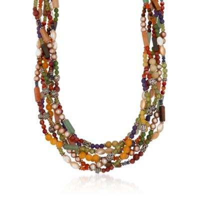 Balinese 30.50 ct. t.w. Multi-Gem Necklace With Pearls in Sterling Silver. 18" &mdash; Alt Image 1