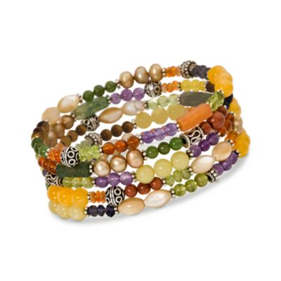 Set of Five Multi-Gem and Bali Bead Bracelets With Sterling Silver &mdash; Alt Image 1