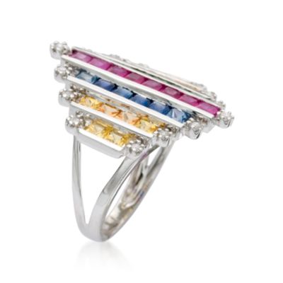 3.00 ct. t.w. Multicolored Sapphire Ring With Diamond In 14kt White Gold &mdash; Alt Image 2
