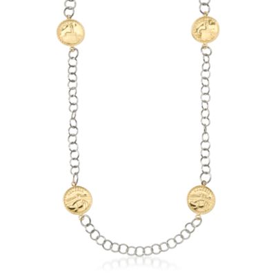 Italian Souvenir Coin Necklace In Sterling Silver and 14kt Yellow Gold. 20" &mdash; Alt Image 1
