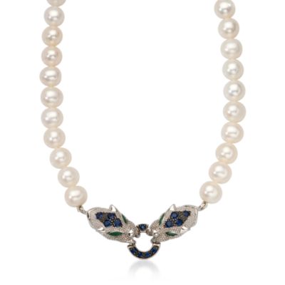 7-7.5mm Cultured Pearl Panther Necklace With Sapphires and Emeralds in Sterling Silver. 17" &mdash; Alt Image 1