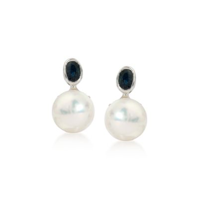 9mm Pearl Earrings With .70 ct. t.w. Sapphires in 14kt White Gold  &mdash; Alt Image 1