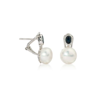 9mm Pearl Earrings With .70 ct. t.w. Sapphires in 14kt White Gold  &mdash; Alt Image 3