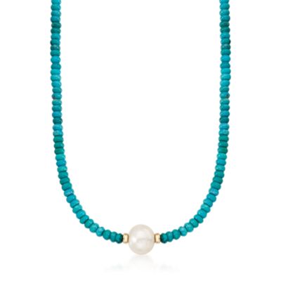 Turquoise Bead and 12-13mm Cultured Pearl Necklace in 14kt Yellow Gold &mdash; Alt Image 1