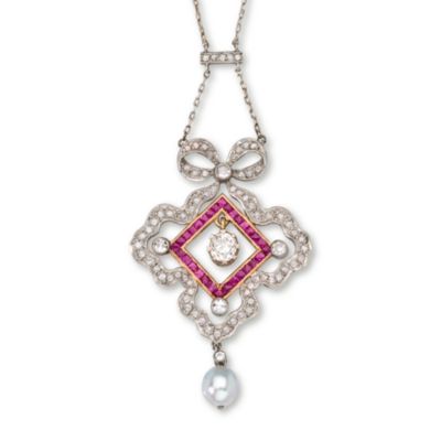 C.1900 Vintage 1.15 ct. t.w. Diamond Necklace With Ruby and Cultured Pearl In Platinum and 18kt Yellow Gold. 15" &mdash; Alt Image 1