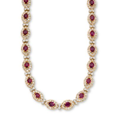 C. 1980 Vintage 11.00 ct. t.w. Ruby Cluster Necklace With 8.00 ct. t.w. Diamond In 18kt Yellow Gold. 15.25" &mdash; Alt Image 1