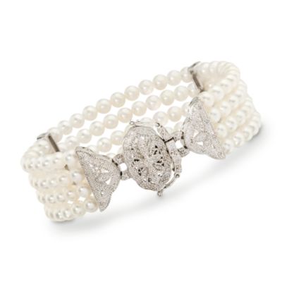 4.5-5mm Multistrand Cultured Pearl and Diamond Bracelet in Sterling Silver &mdash; Alt Image 1