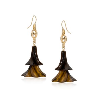 Tiger's Eye and Diamond Bell Flower Earrings In 18kt Yellow Gold &mdash; Alt Image 1