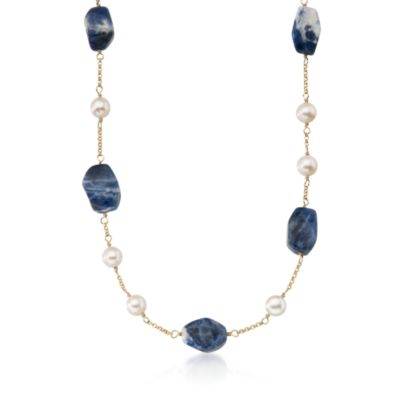 Sodalite and 8-8.5mm Cultured Pearl Necklace In Vermeil. 20" &mdash; Alt Image 1