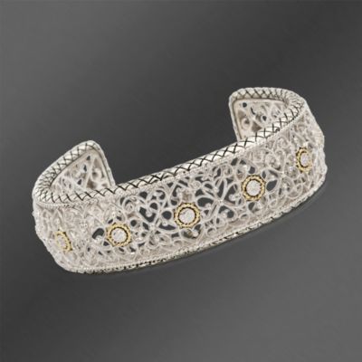 Andrea Candela 18kt Gold and Textured Sterling Diamond Accent Cuff Bangle Bracelet. 7" &mdash; Alt Image 1