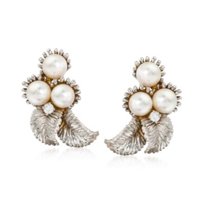 C. 1950 Vintage Cultured Pearl Earrings With Diamonds In 14kt White Gold &mdash; Alt Image 1