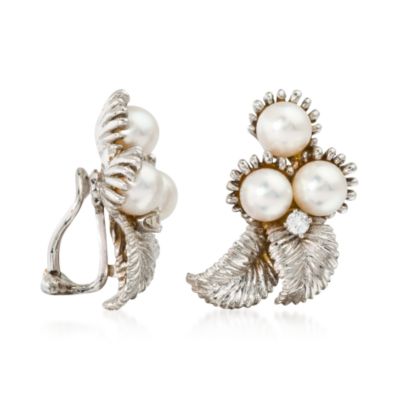 C. 1950 Vintage Cultured Pearl Earrings With Diamonds In 14kt White Gold &mdash; Alt Image 2