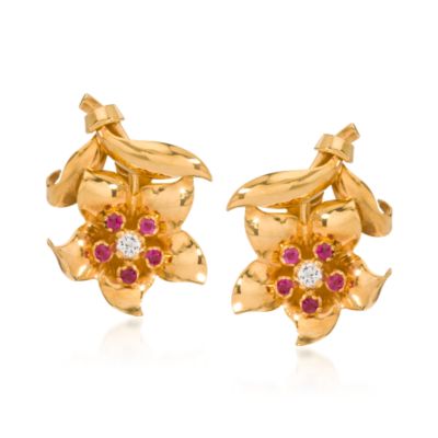 C. 1960 Vintage .15 ct. t.w. Faux Ruby Floral Earrings With Diamonds In 18kt Yellow Gold     &mdash; Alt Image 1