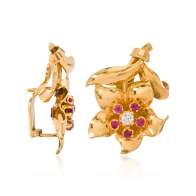 C. 1960 Vintage .15 ct. t.w. Faux Ruby Floral Earrings With Diamonds In 18kt Yellow Gold     &mdash; Alt Image 2