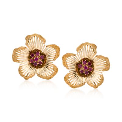 C. 1950 Vintage 1.60 ct. t.w. Ruby Flower Earrings in 18kt Yellow Gold   &mdash; Alt Image 1