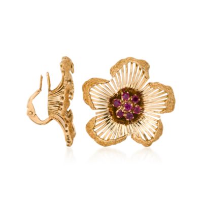 C. 1950 Vintage 1.60 ct. t.w. Ruby Flower Earrings in 18kt Yellow Gold   &mdash; Alt Image 2