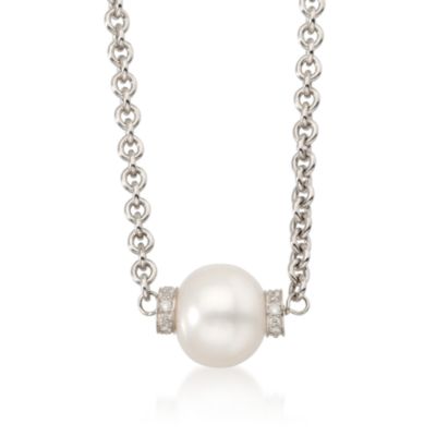 11mm Pearl Necklace With Diamonds in Sterling Silver &mdash; Alt Image 1
