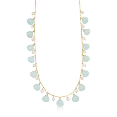 Blue Chalcedony and 3.5-4mm Cultured Pearl Necklace in 14kt Yellow Gold. 18" &mdash; Alt Image 1