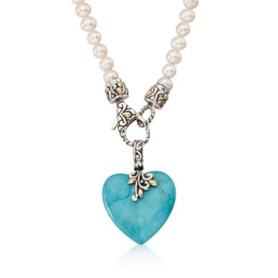 5.5-6mm Cultured Pearl Strand With Removable Turquoise Heart in In Sterling Silver and 18kt Gold. 18" &mdash; Alt Image 1