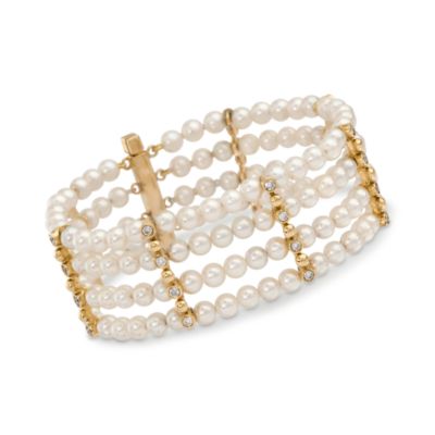 C. 1990. Vintage Four Strand Cultured Pearl Bracelet With 1.00 ct. t.w. Diamonds in 18kt Yellow Gold. 7" &mdash; Alt Image 1