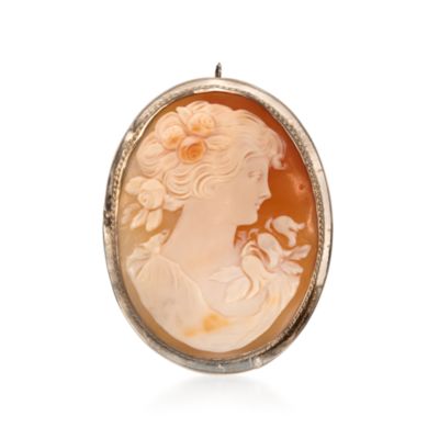 C. 1960 Vintage Carved Shell Cameo Brooch Pendant In 14kt White Gold &mdash; Alt Image 1