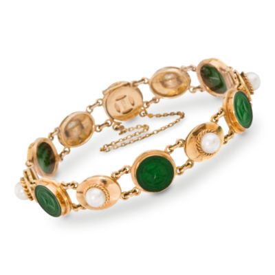 C. 1960 Vintage 5.5mm Cultured Pearl Bracelet With Faux Jade Diamonds in 14kt Yellow Gold. 7.25" &mdash; Alt Image 1