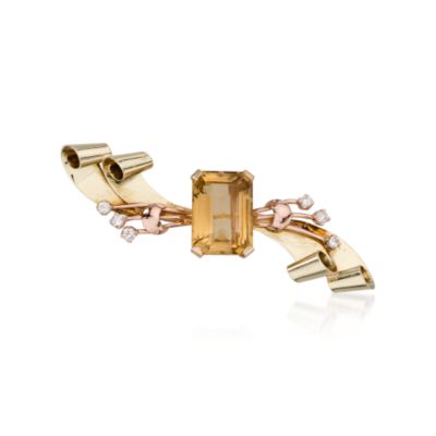 C. 1940 Vintage 14.50 Carat Citrine Brooch With Diamonds In 14kt Two-Tone Gold  &mdash; Alt Image 1