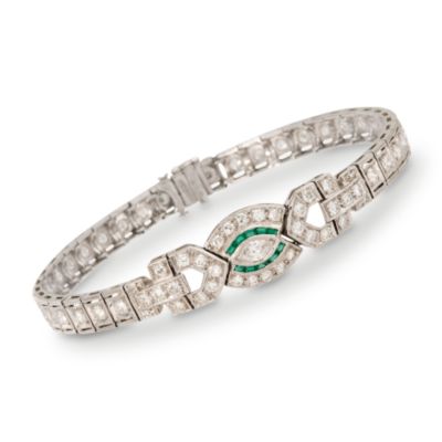 C. 1960 Vintage 2.50 ct. t.w. Diamond Bracelet With Faux Emerald In Platinum. 7" &mdash; Alt Image 1