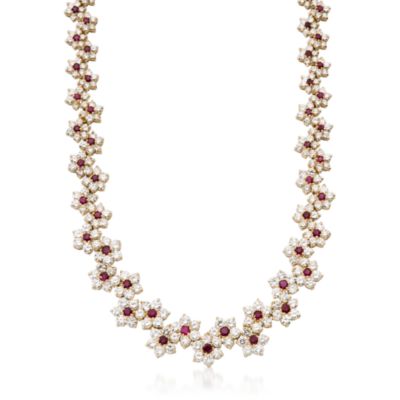 C. 1980 Vintage 25.50 ct. t.w. Round Brilliant Cut Diamond Floral Necklace With Rubies in 18kt Yellow Gold. 16.5" &mdash; Alt Image 1