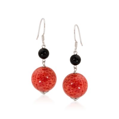 Red Coral and Black Agate Bead Earwire Earrings &mdash; Alt Image 1