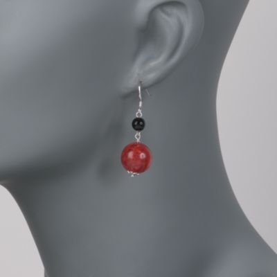 Red Coral and Black Agate Bead Earwire Earrings &mdash; Alt Image 2
