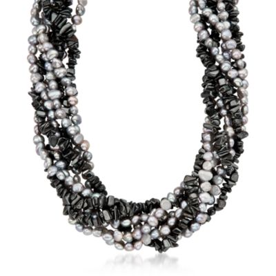 Gray Pearl and Hematite Torsade Necklace in Sterling Silver. 18" &mdash; Alt Image 1