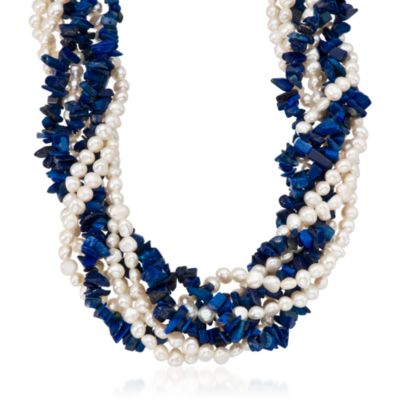 18" Cultured Pearl and Lapis Torsade Necklace