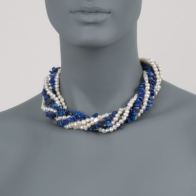 5-6mm Cultured Pearl and Lapis Torsade Necklace With Sterling Silver. 18" &mdash; Alt Image 2