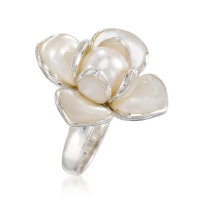10-10.5mm Cultured Pearl and Mother-Of-Pearl Flower Ring in Sterling Silver &mdash; Alt Image 3