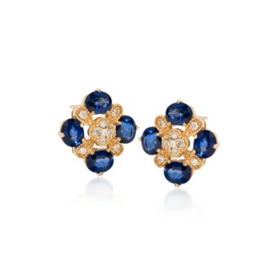 3.10 ct. t.w. Sapphire and Diamond Quatrefoil Earrings in 14kt Yellow Gold. Hoop Earrings &mdash; Alt Image 1