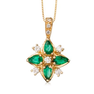 .80 ct. t.w. Emerald and .25 ct. t.w. Diamond Quatrefoil Necklace In 14kt Yellow Gold. 16" &mdash; Alt Image 1