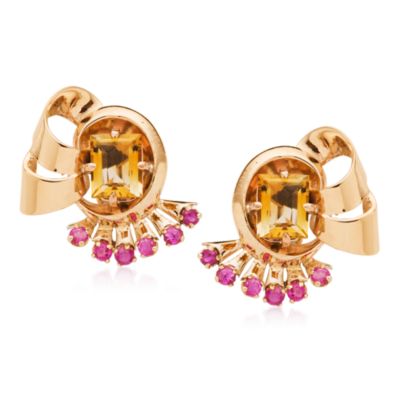 C. 1960 Vintage 3.50 ct. t.w. Emerald-Cut Citrine and Faux Ruby Fan Earrings &mdash; Alt Image 1