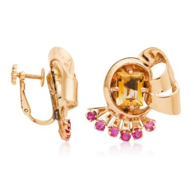 C. 1960 Vintage 3.50 ct. t.w. Emerald-Cut Citrine and Faux Ruby Fan Earrings &mdash; Alt Image 2