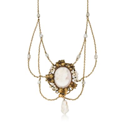 C. 1900. Vintage Victorian Agate Cameo and Cultured Pearl Lavaliere Necklace In 14kt Yellow Gold. 19" &mdash; Alt Image 1