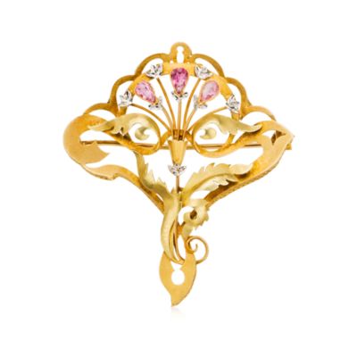 C. 1940 Vintage .45 ct. t.w. Pink Tourmaline Floral Pin In 18kt Yellow Gold &mdash; Alt Image 1