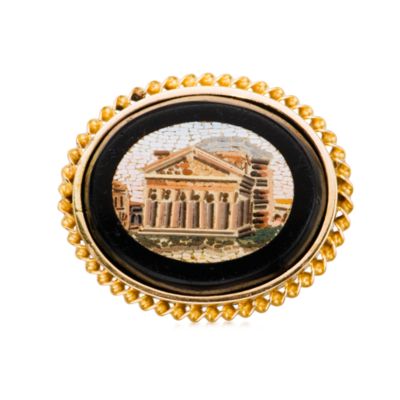 C. 1960. Vintage Black Onyx Mosaic Brooch In 14kt Yellow Gold &mdash; Alt Image 1